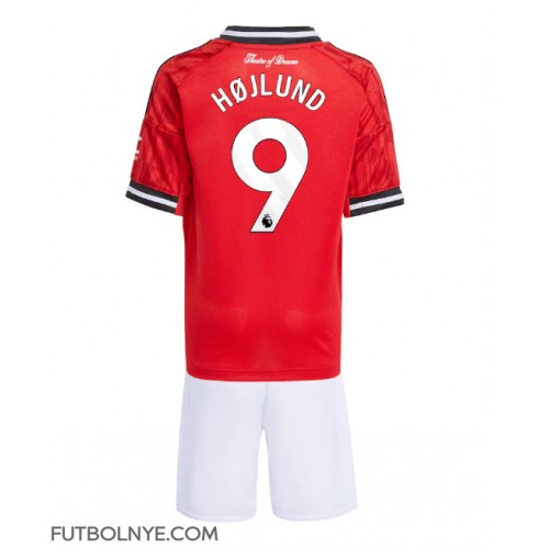Camiseta Manchester United Rasmus Hojlund #9 Primera Equipación para niños 2025-26 manga corta (+ pantalones cortos)